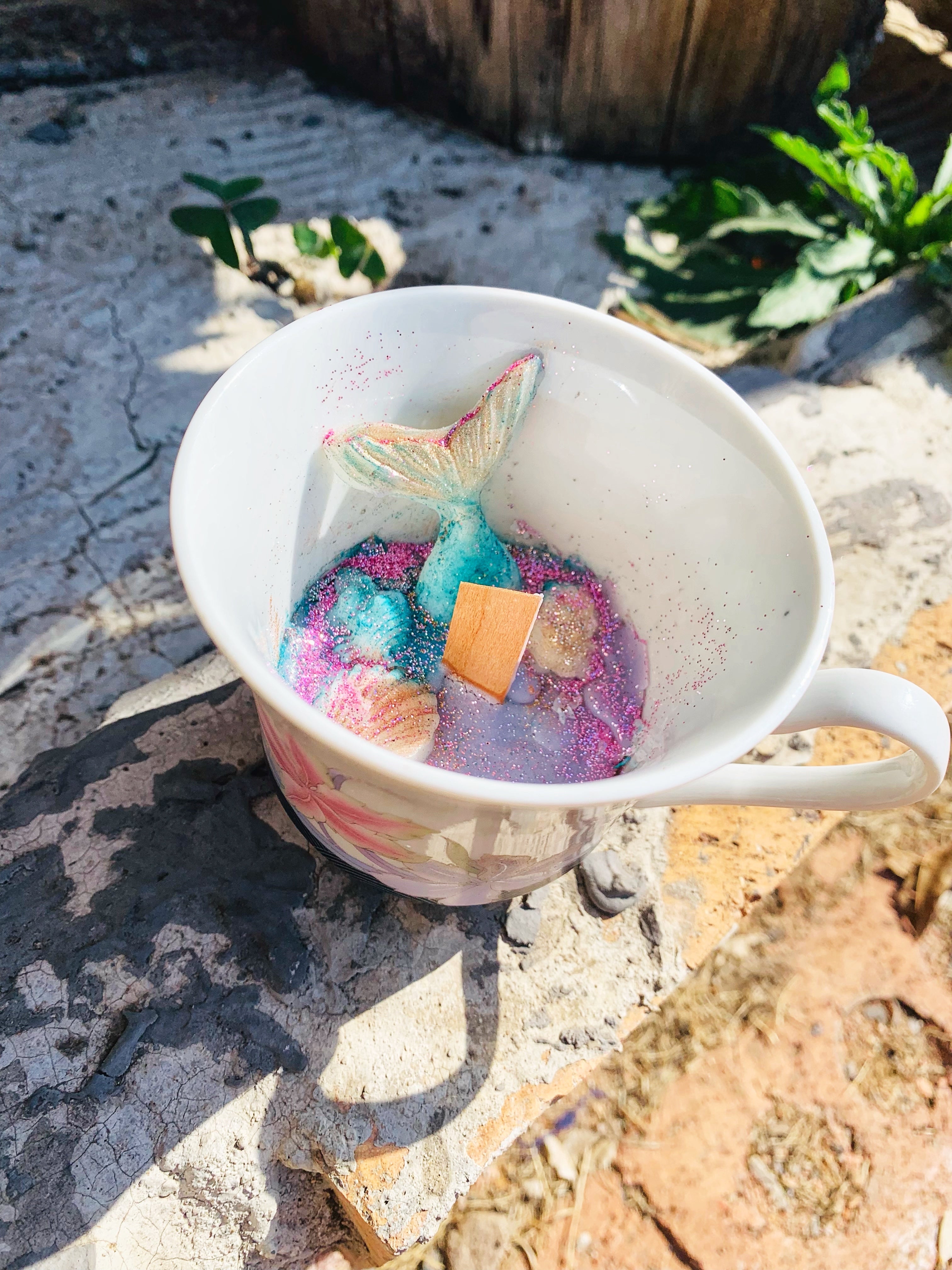 Teacup Candle Piece. Mermaid tail and shells are also candle. Bamboo wick. Scented in Ocean White Chocolate Escape 🌊🥰