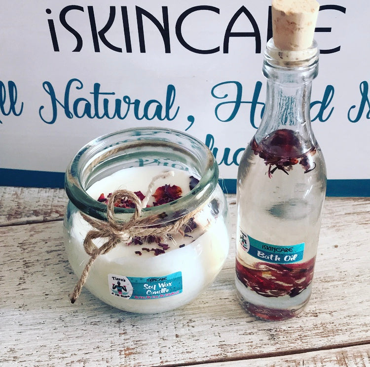 100ml Glass Bottle with Herbal Bath Oil and a 200ml Rose Petal Soy Wax Candle