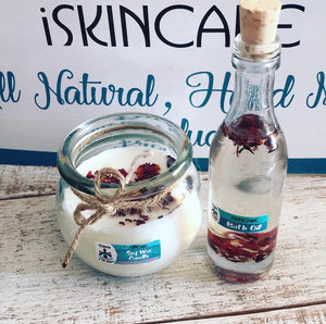 100ml Glass Bottle with Herbal Bath Oil and a 200ml Rose Petal Soy Wax Candle