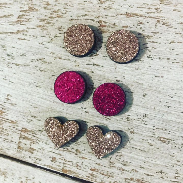 Set of 3 x Pairs of Glitter Stainless Steel Stud Earrings