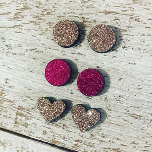 Set of 3 x Pairs of Glitter Stainless Steel Stud Earrings