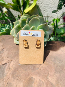 Wood Cactus Stainless Steel Stud Earrings