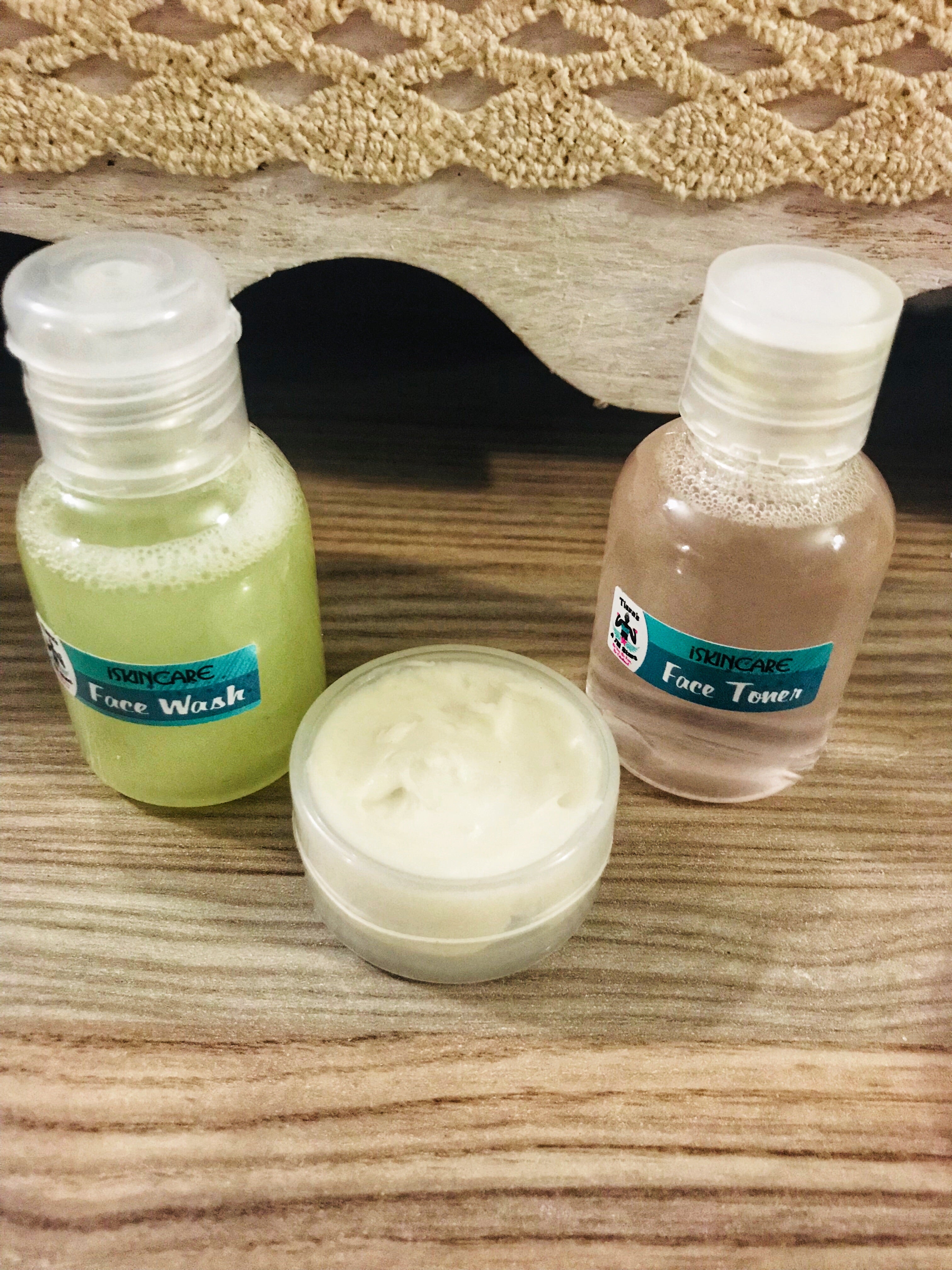 30ml tea tree face wash, 30ml rose toner with colloidal silver, face lotion 15ml