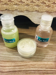 30ml tea tree face wash, 30ml rose toner with colloidal silver, face lotion 15ml