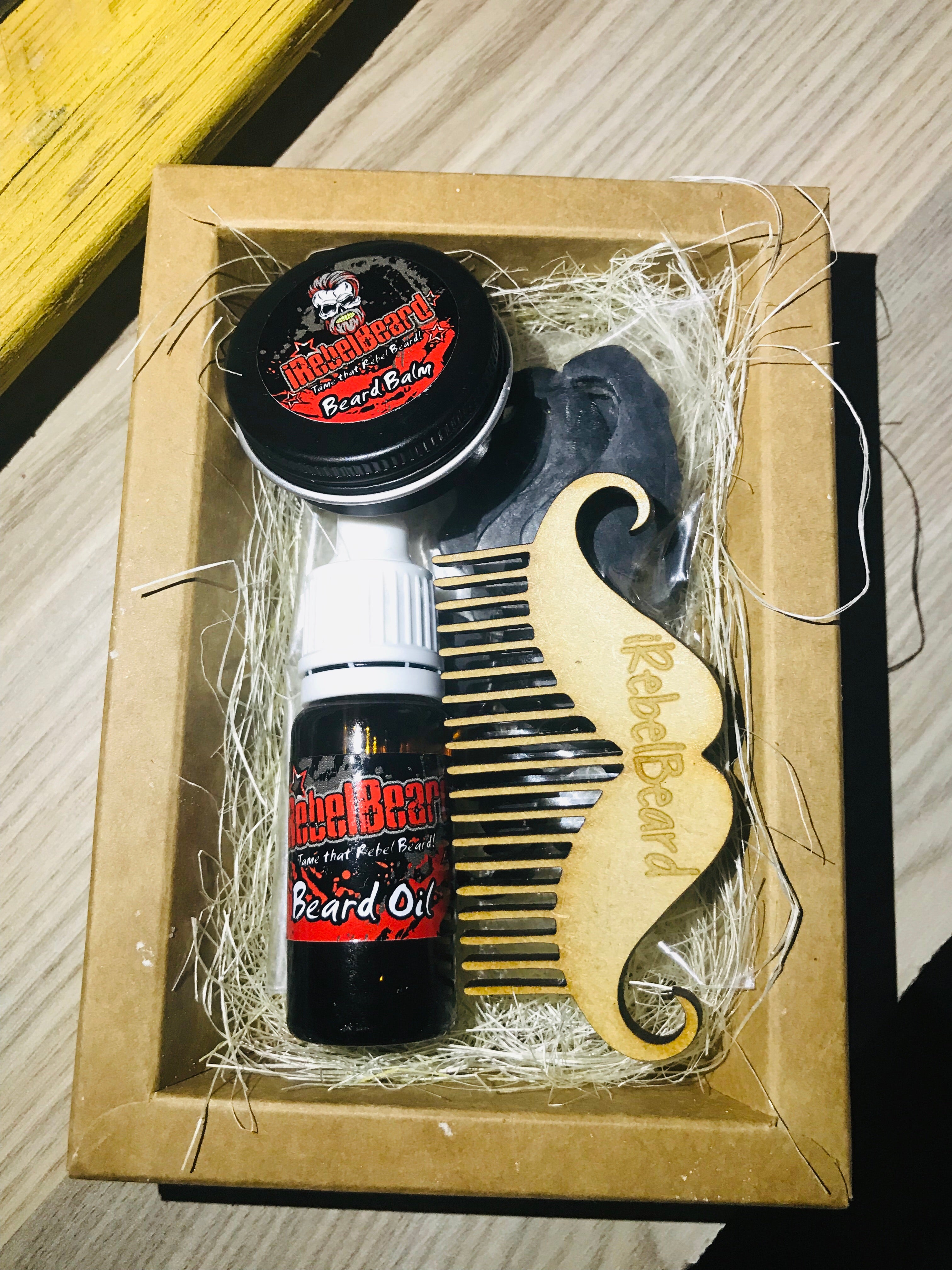 iRebelBeard set including 10ml beard oil, 20g balm, activated charcoal moustace soaps, beard comb