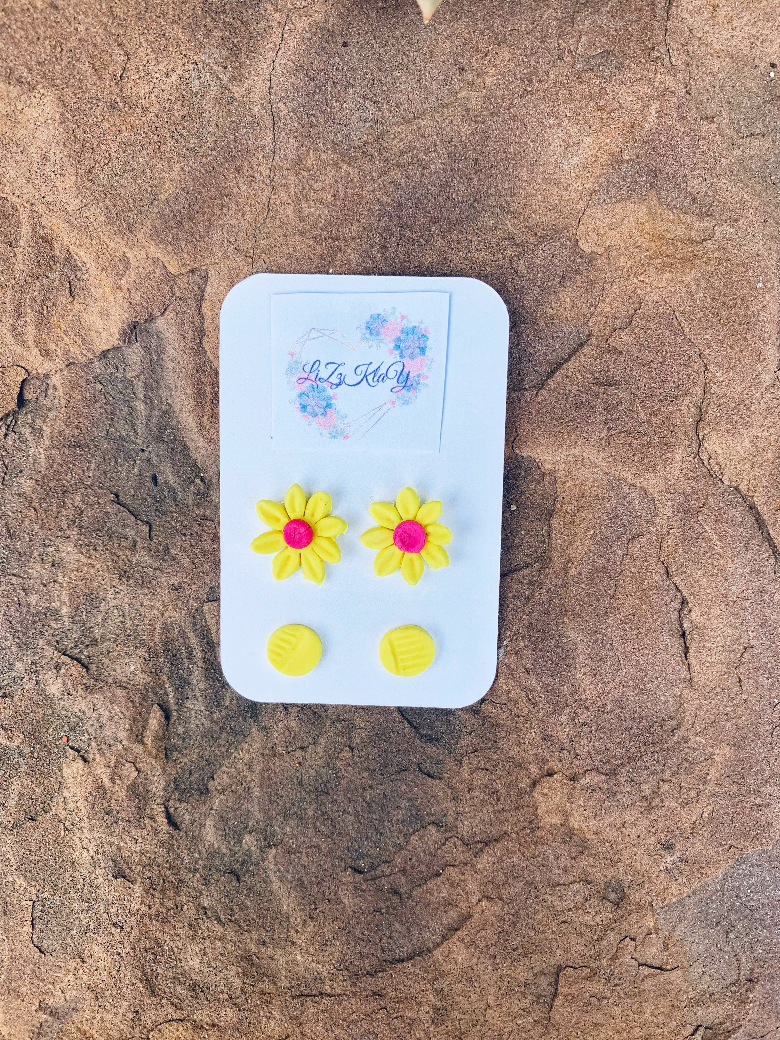 Yellow & Touch of Hot Pink Daisies & Dots Clay Studs