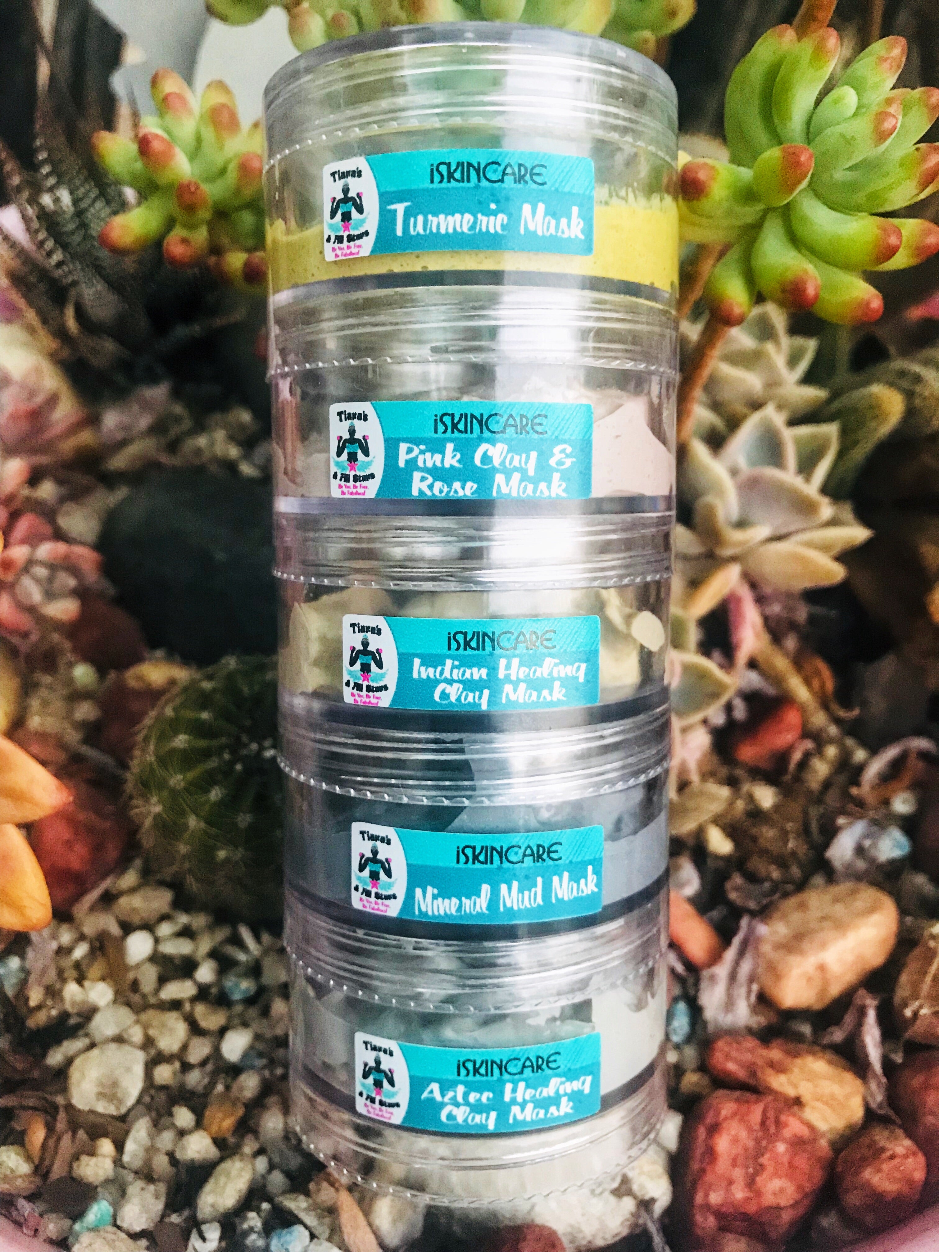 Stack of 5 different readymade clay facial masks