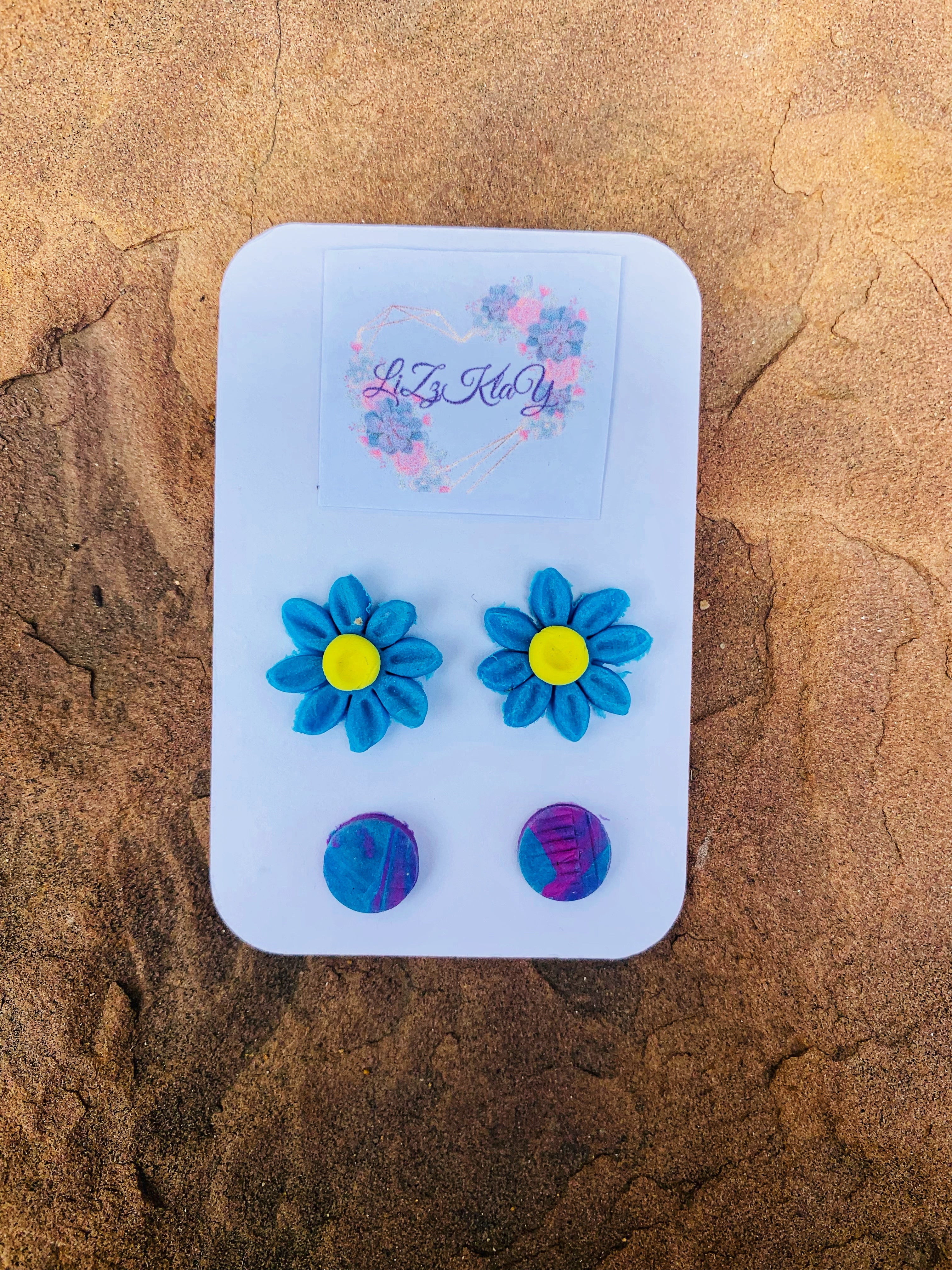 Blue & Cosmic Daisy & Dot Clay Stud combo