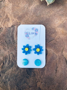 Blue & Turquoise Daisies and Dots Clay Studs Combo