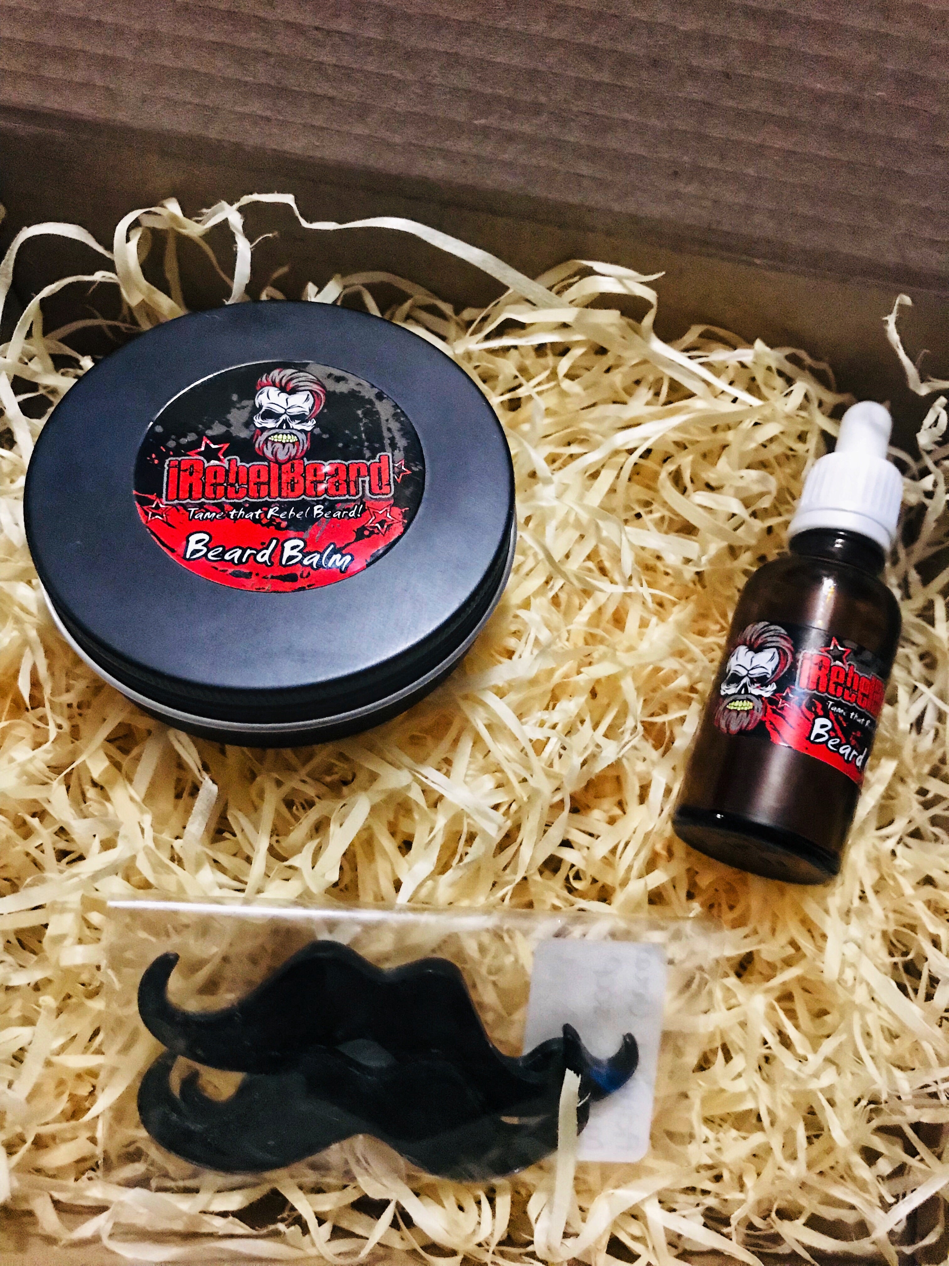 100g beard balm, 20ml beard oil and activated charcoal moustache soaps
