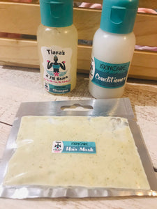 50ml SLS free Foaming Shampoo, 50ml rinse out conditioner and 50ml Hemp and Moringa Hair mask
