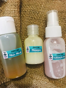 50ml hair mask, 30ml shampoo and 50ml conditioning hair spray