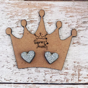 Glitter Heart Stainless Steel Stud Earrings on Tiara Wooden Board