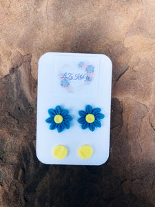 Blue & Yellow Daisies and Dots Clay Studs