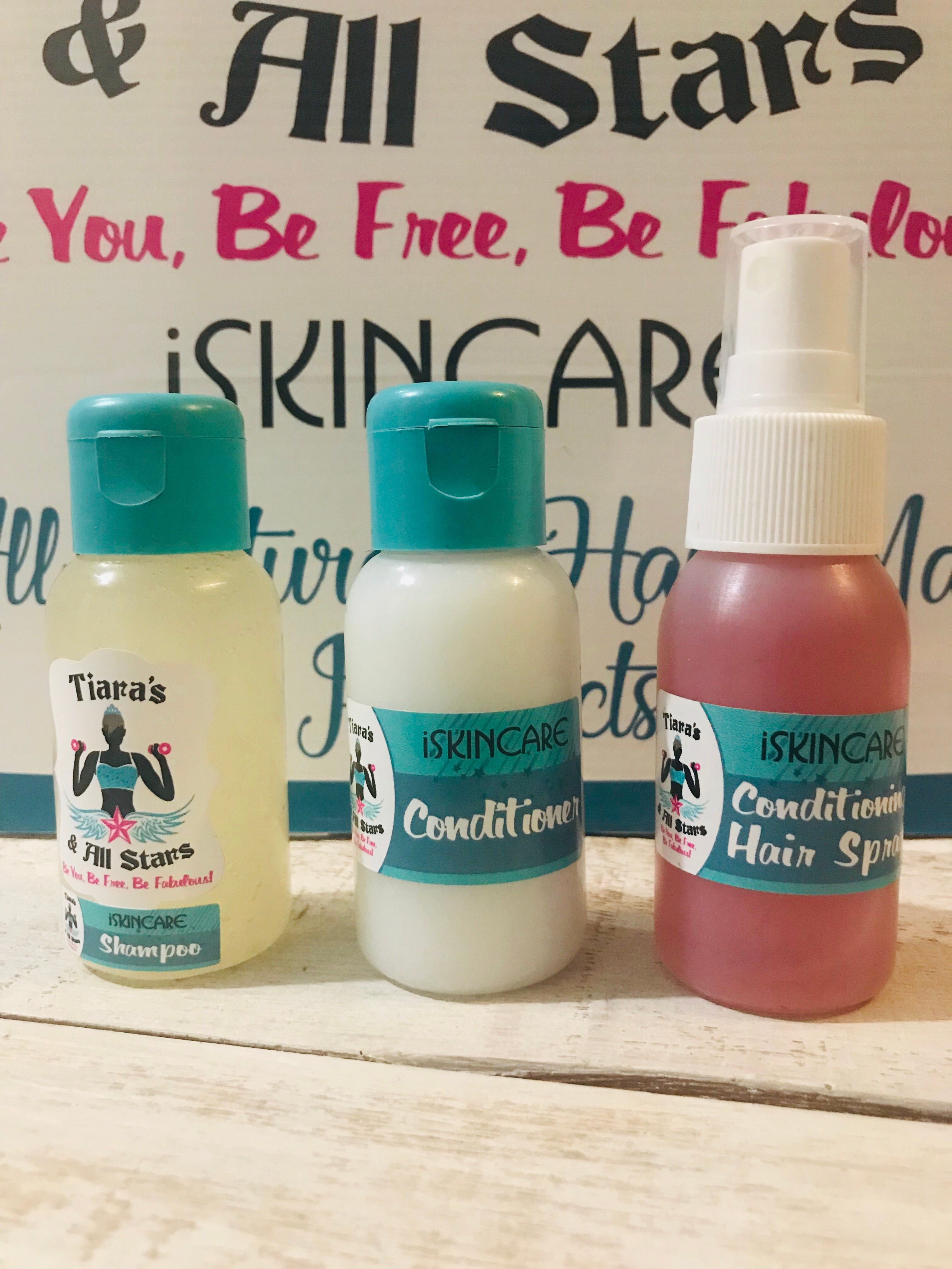 50ml SLS free foaming shampoo, 50ml rinse off conditioner and 50ml leave in heat protection conditioning spray