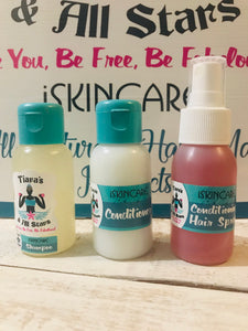 50ml SLS free foaming shampoo, 50ml rinse off conditioner and 50ml leave in heat protection conditioning spray
