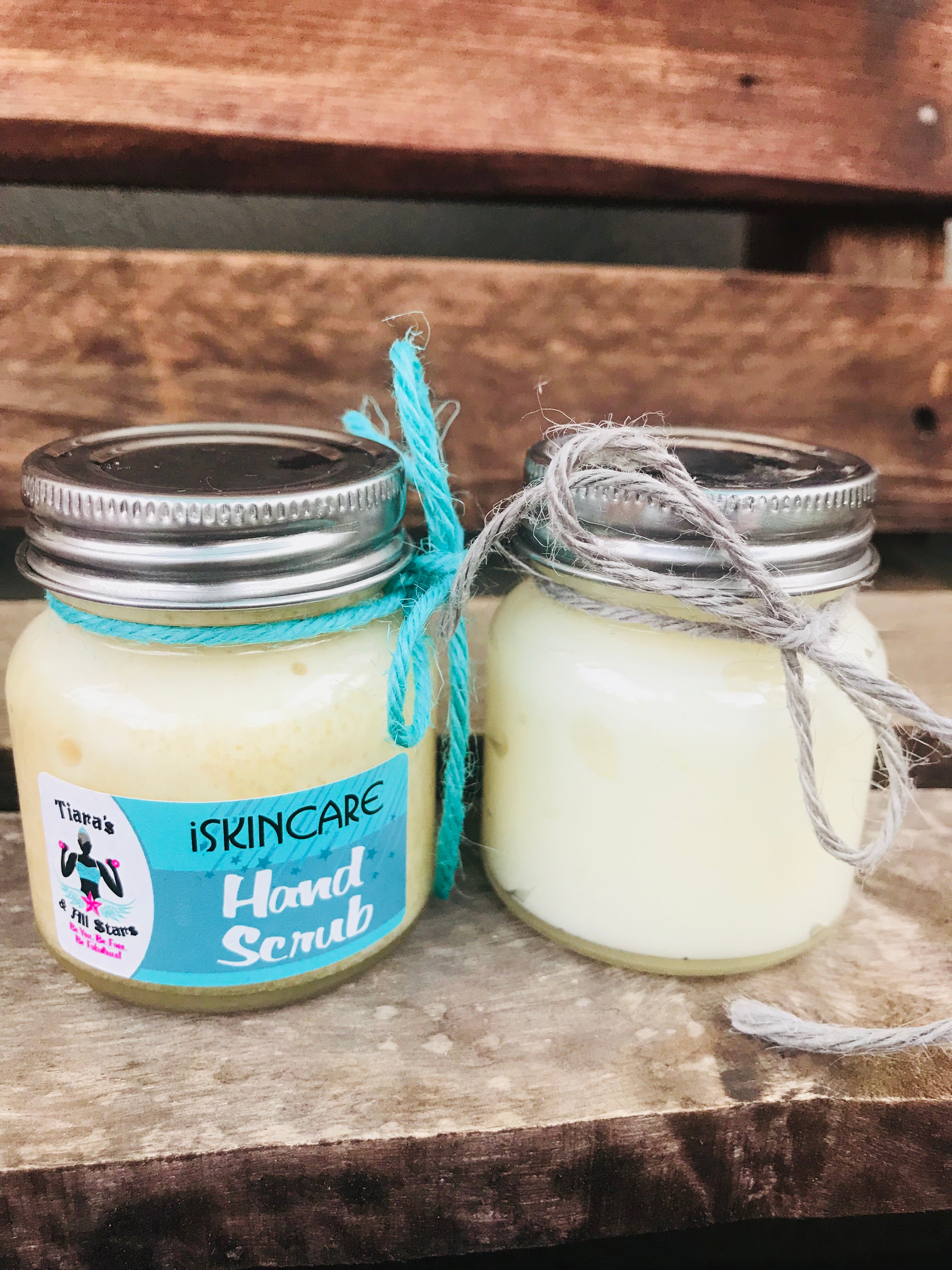 Hand scrub and hand cream gift set in 75g glass jars