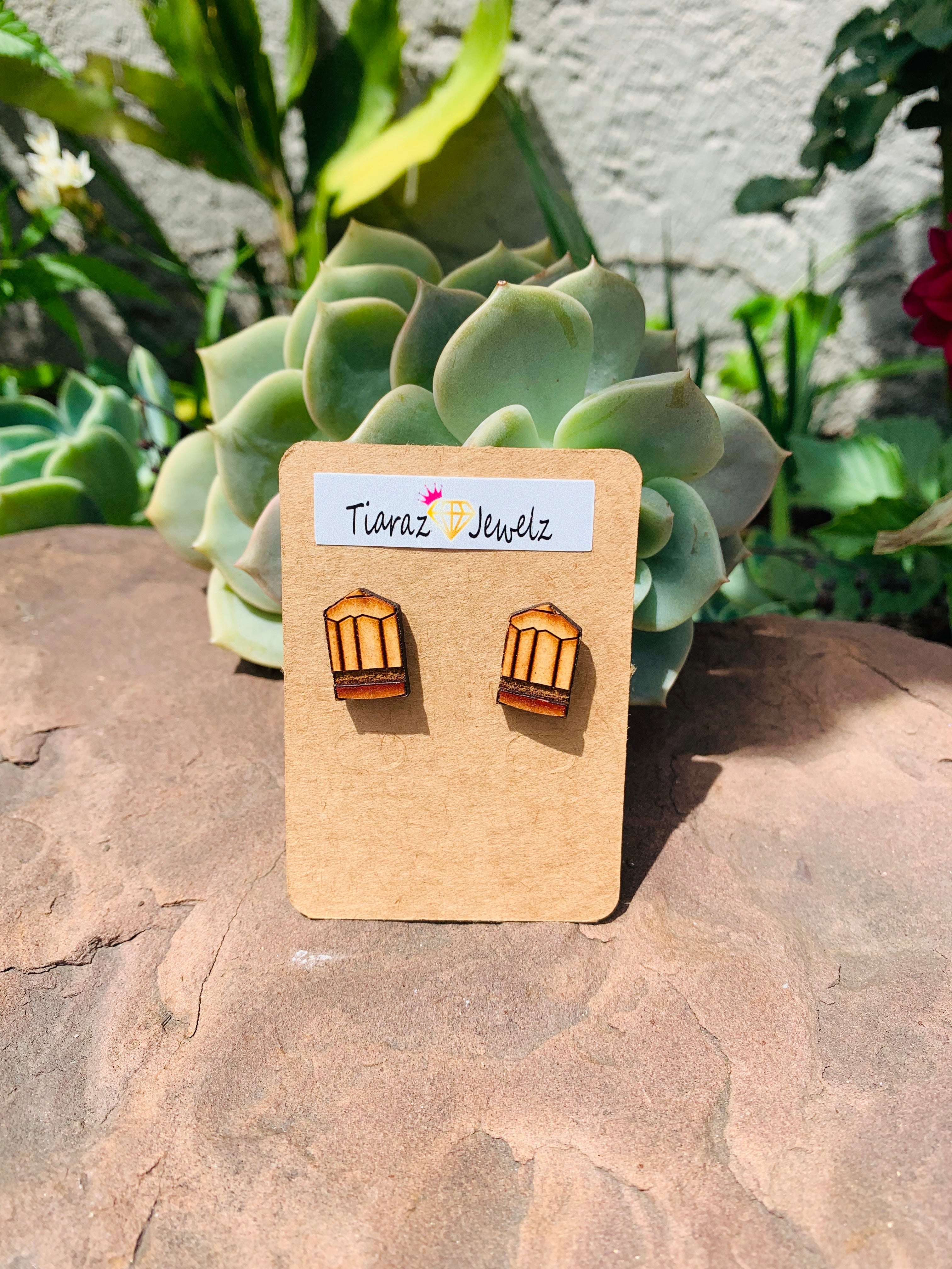 Pencil wood stainless steel stud earrings