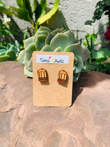 Pencil wood stainless steel stud earrings