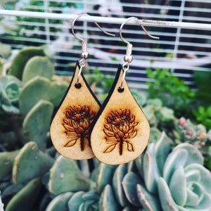 Protea Themed Wood Hang Style Earrings