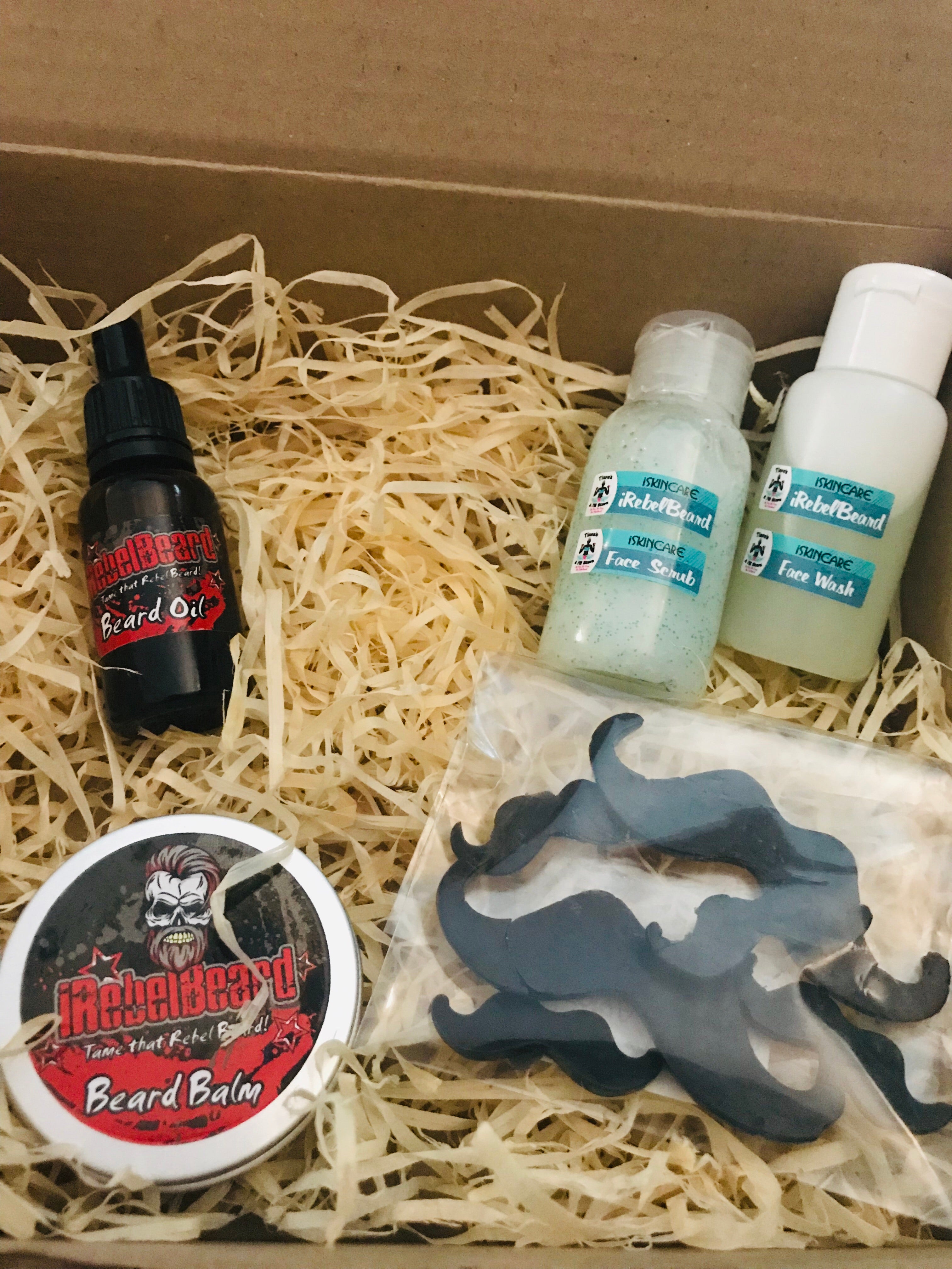 10ml Beard oil, 50g Beard balm, Activated Charcoal Moustache Soaps, 50ml Face Wash and 50ml Exfoliating Gel
