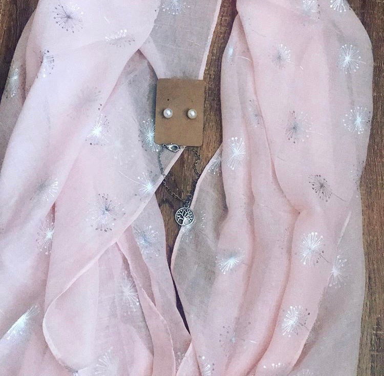 Pink scarf, pink earrings and tree of life stainless steel bracelet