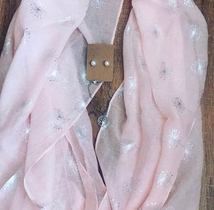 Pink scarf, pink earrings and tree of life stainless steel bracelet