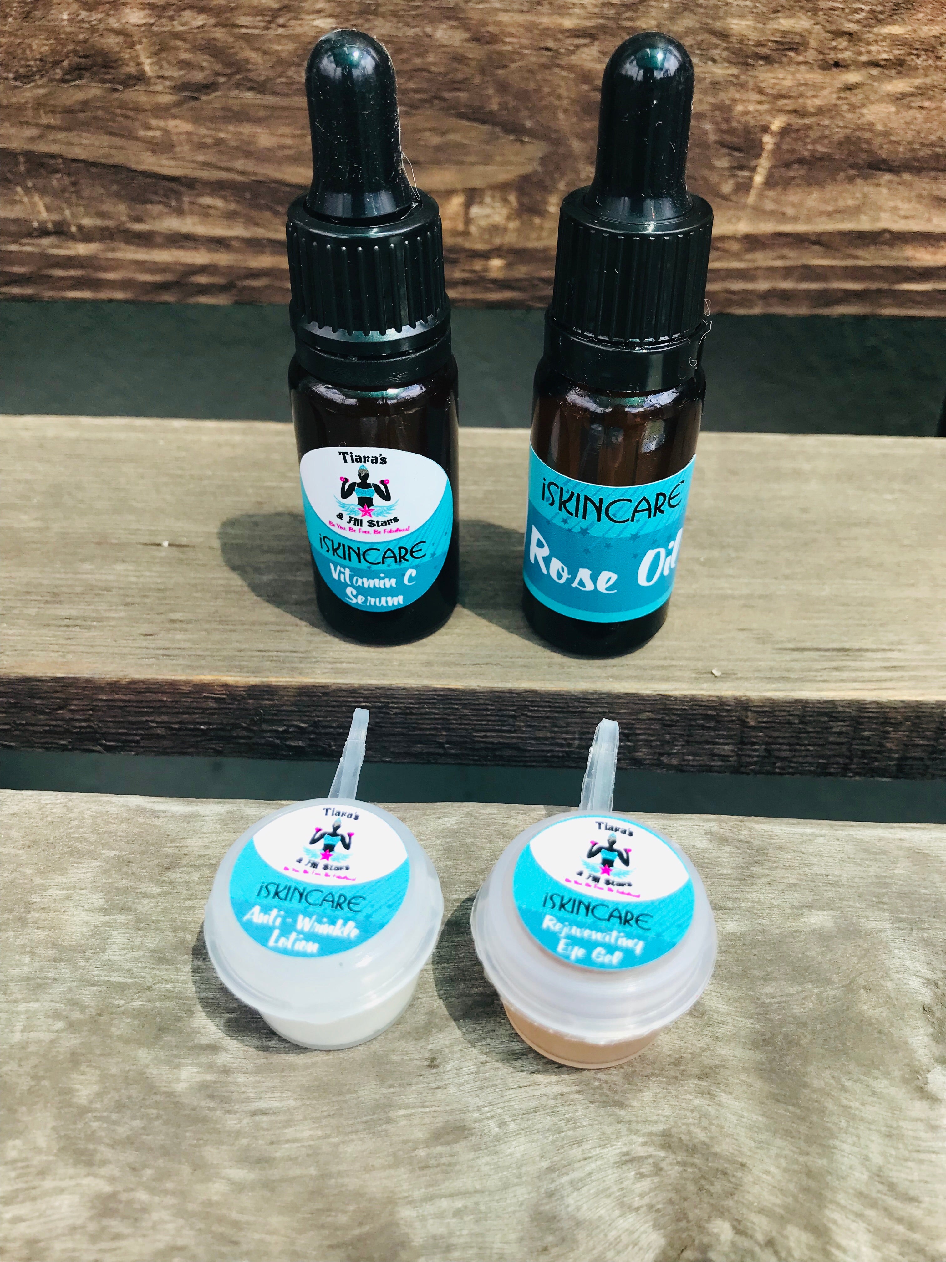 10ml Vitamin C Serum, 10ml Rose Oil, 5ml Anti Wrinkle and 5ml Eye gel