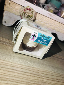 Soap cupcake with soap frosting and exfoliating beads in a box