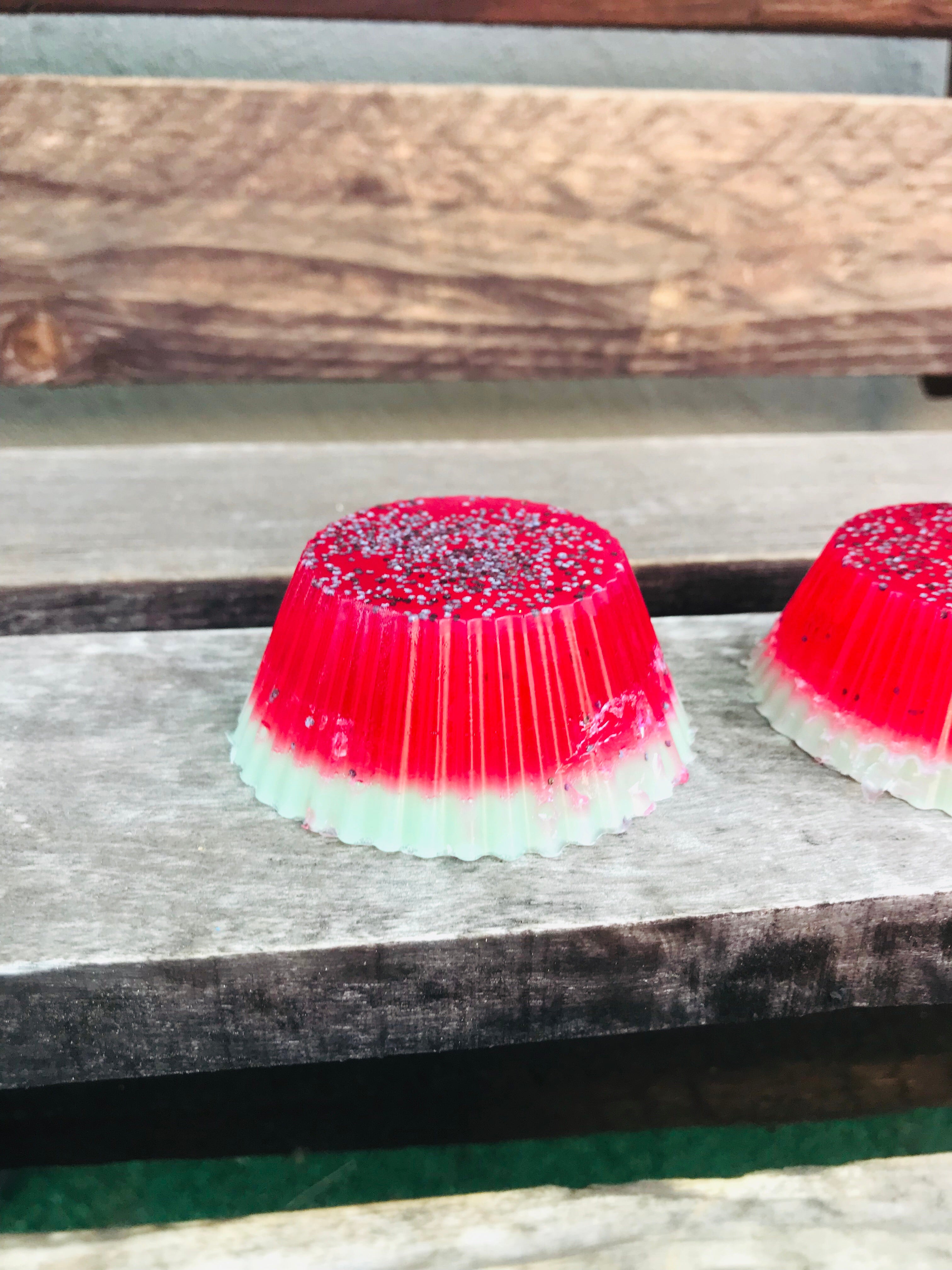 Watermelon cupcake shaped soap with poppy seeds