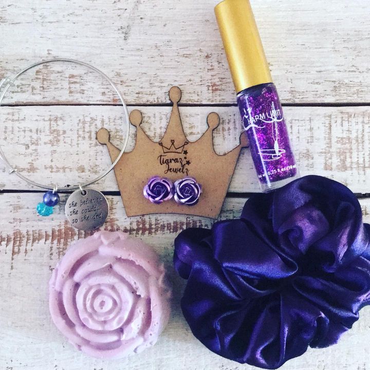Earring Set, Bracelet Piece, Nail Polish, Handmade Rose Shaped Soap, Earrings and a Scrunchie