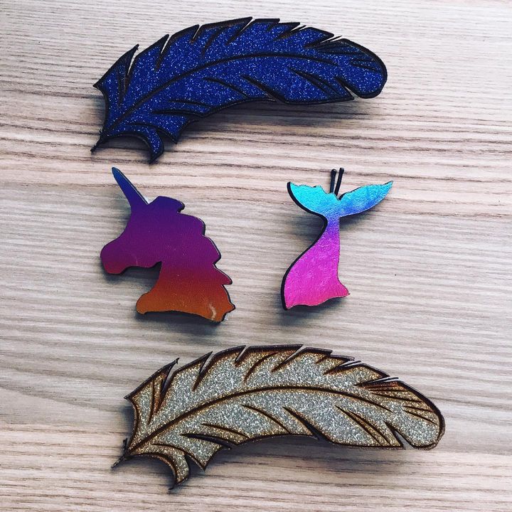 Hair Clip Set of 2x Feather clips, 1x Mermaid clip and 1 x Unicorn